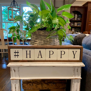 happy wood block word display